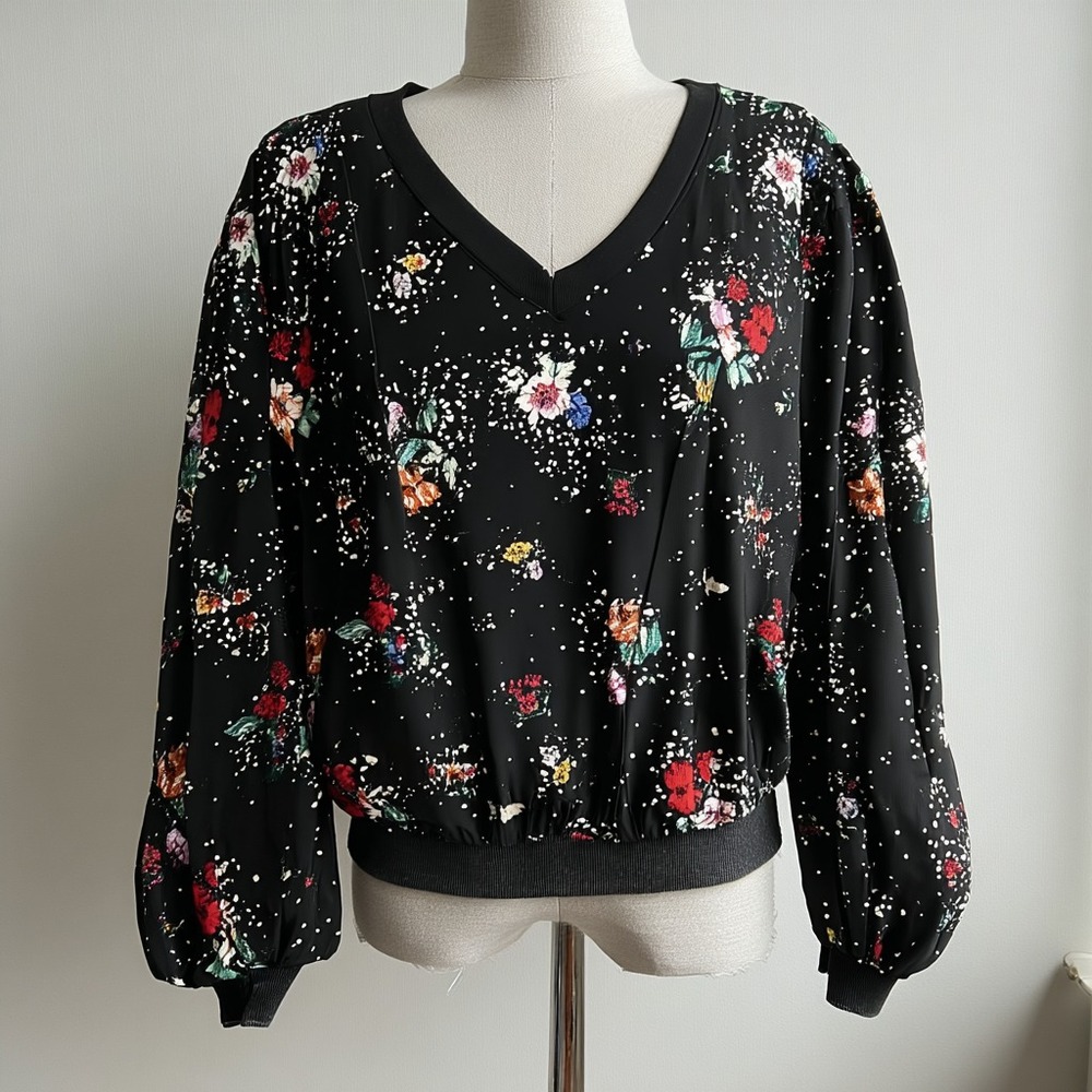 Wonderly Floral Star Print Blouson V-Neck Balloon Sleeve Top L Boho Cottagecore